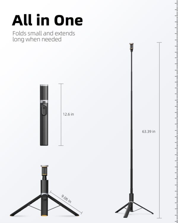 TODI 63" Cell Phone Selfie Stick Tripod, Portable Tripod for iPhone with Wireless Remote, Extendable Smartphone Stand, All-in-1, Compatible with iPhone/Android - Image 7