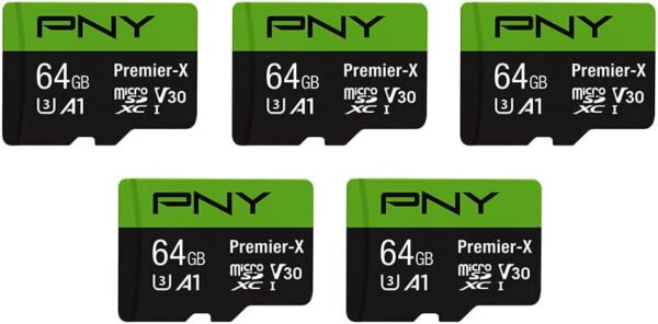 PNY 64GB Premier-X Class 10 U3 V30 microSDXC Flash Memory Card 5-Pack - 100MB/s, Class 10, U3, V30, A1, 4K UHD, Full HD, UHS-I, Micro SD