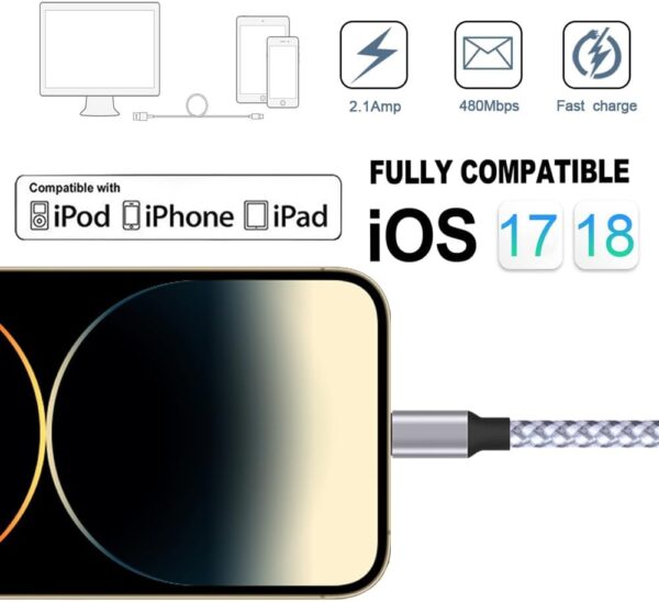 TAKAGI for iPhone Charger, [MFi Certified] Lightning Cable 3PACK 6FT Nylon Braided USB Charging Cable High Speed Transfer Cord Compatible with iPhone 14/13/12/11 Pro Max/XS MAX/XR/XS/X/8/iPad - Image 3