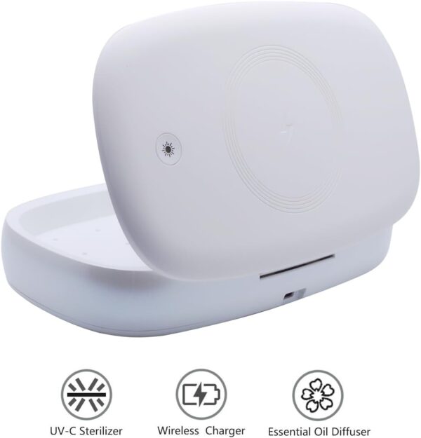 Cell Phone Sanitizer Universal Cell Phone Charger Box | 360-Degree UV-C Light Sanitizer | Disinfects and Charges All Phones with a 9.7W Fast Wireless Charger | Aromatherapy - Image 3