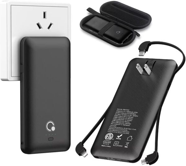 "Ultra-Slim 10000mAh Power Bank: The All-In-One Portable Charger with Built-in AC Plug & Triple Cable Compatibility!"