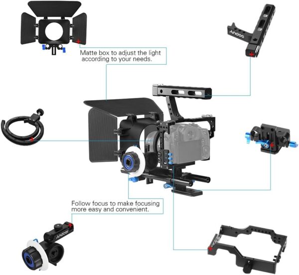 Andoer Camera Cage Kit C500 Aluminum Alloy Camera Camcorder Video Cage Rig Kit Film Making System with 15mm Rod Matte Box Follow Focus Handle Grip for Panasonic GH4 for Sony A7S/A7/A7R/A7RII/A7SII - Image 2