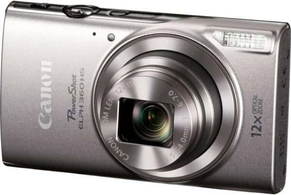 Capture Life’s Moments: Canon PowerShot ELPH 360 – Sleek Silver with 12x Zoom and Smart Connectivity!