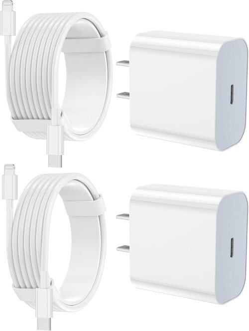 Get Powered Up: Dual Fast Charging Wall Blocks with Extra Long USB C to Lightning Cables for Your iPhone & AirPods!