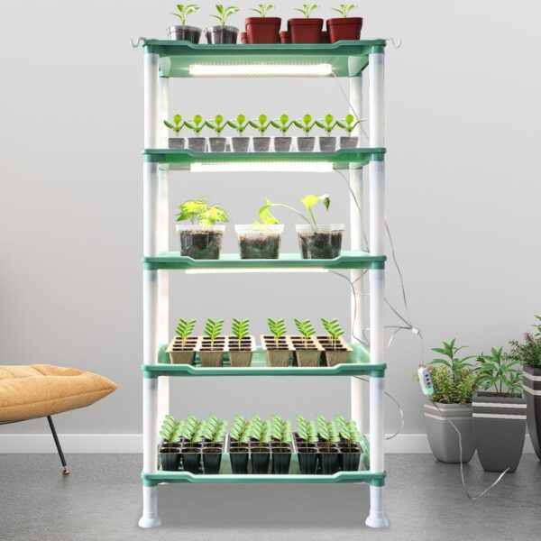 5-Tier Seed Stand with 5 Trays, Seed Starting Rack Propagation Rack Kit for Stackable Seedling Tray Seedling Staging Table for Indoor Outdoor Growing(Green) Gardening Gifts - Image 4