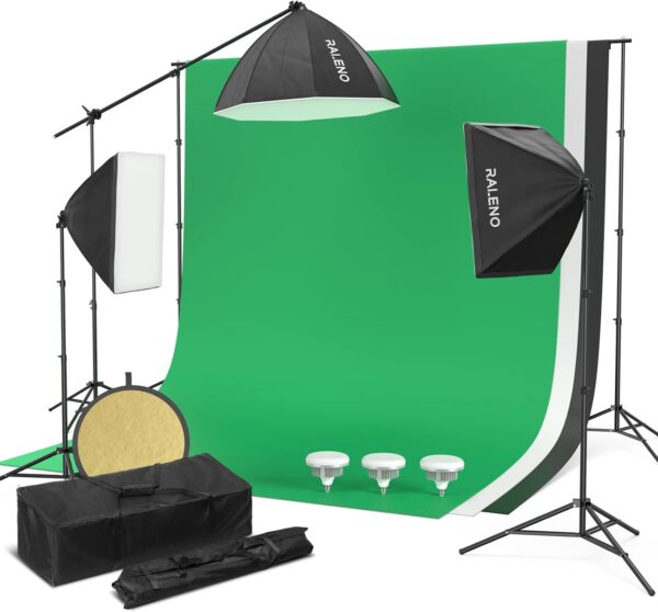 RALENO Photography Lighting Kit, 8.5ft x 10ft Background Support System with 30-Inch Octagonal Key Light and 2 X 85W LED Soft Boxes, Complete Photography Studio for Green Screen Cutout