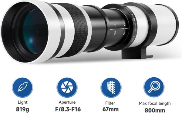 JINTU Telephoto Lens 420-800mm f/8.3 Manual for Canon EF Mount T7i T6 T6i T6s T7 T8i T3i, T4i, T5, T5i, SL2, SL1 4000D 2000D 80D 90D 5D III 6D 7D II 60D 70D 250D 750D 760D 1200D 1300D 2000D Cameras - Image 2