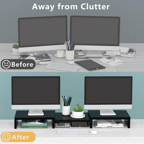 TAVR Dual Monitor Stand Riser Office Desktop Organizer Stand for 2 Monitors, Adjustable Length and Angle 3 Shelf, Extra Long Multifunctional Stand up to 43.3" fit Computer, Laptop, TV, Black - Image 2