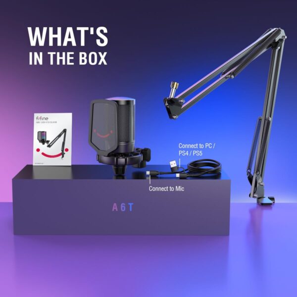 FIFINE Gaming PC USB Microphone, Podcast Condenser Mic with Boom Arm, Pop Filter, Mute Button for Streaming, Twitch, Online Chat, RGB Computer Mic for PC Gamer Youtuber-AmpliGame A6T - Image 8