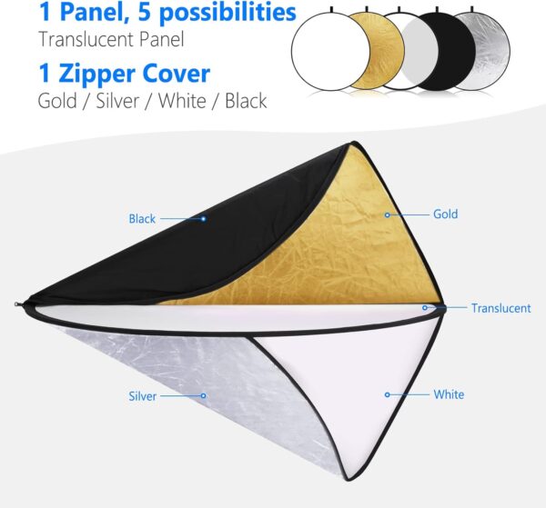 NEEWER 43 Inch/110 Centimeter Light Reflector Diffuser 5 in 1 Collapsible Multi Disc with Bag - Translucent, Silver, Gold, White, and Black for Studio Photography Lighting Outdoor - Image 3