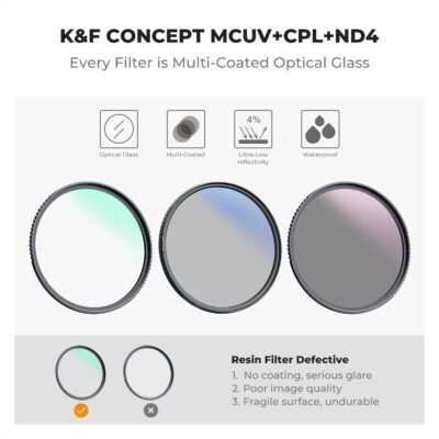 Ultimate 3-Piece K&F Concept Lens Filter Set: UV, CPL & ND4 with Multi-Layer Coatings, Cleaning Cloth & Pouch! - 이미지 2