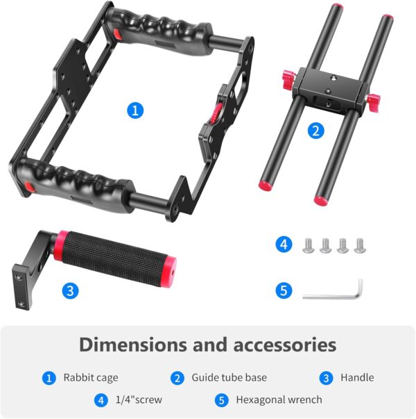 NEEWER Camera Video Cage Film Movie Making Kit, Aluminum Alloy with Top Handle, Dual Hand Grip, Two 15mm Rods, Compatible with Canon Sony Fujifilm Nikon DSLR Camera and Camcorder (Black + Red) - Image 7