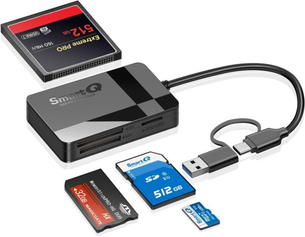 SD Card Reader, Memory Card Reader 4 in 1 USB C USB 3.0 Dual Connector Adapter Simultaneously Read SD MS CF TF Cards Supports Micro SD/Micro. Compatible with desktops, Tablets, and USB-C Smartphones