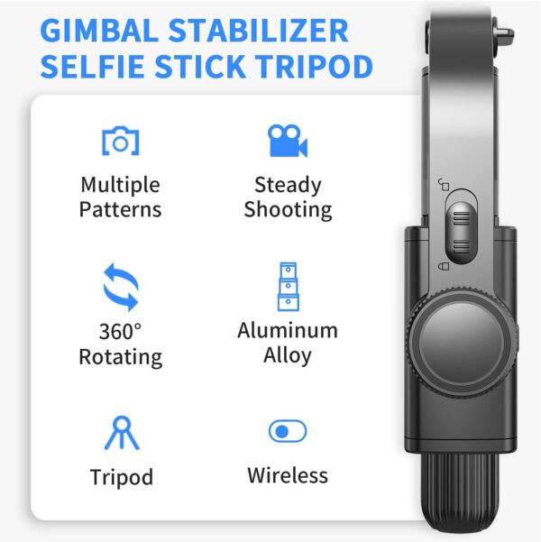 Gimbal Stabilizer for Smartphone ，with Retractable Selfie Stick and Tripod，1-Axis Multifunction Remote 360°Automatic Rotation， Auto Balance for iPhone/Android - Image 2