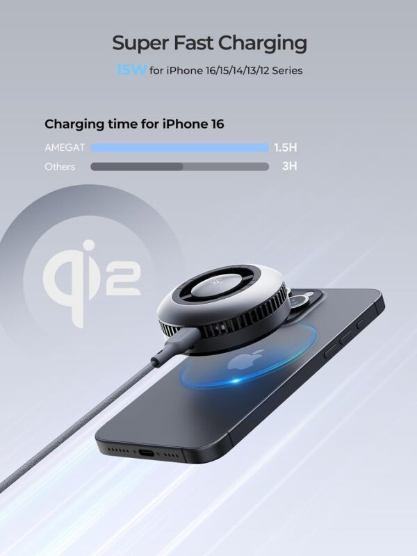 Wireless Charging Pad, Qi2 Certified Charger 15W Ultra-Fast Charging with Cooling System, Phone Cooler for Gaming Compatible with MagSafe, Magnetic Charger for iPhone 16/15/14/13/12 Series - Image 3