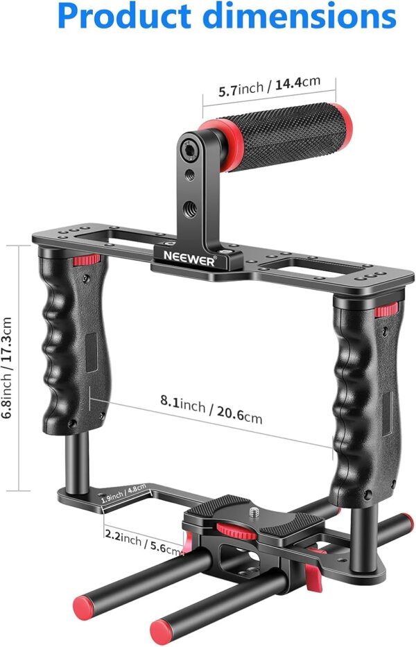NEEWER Camera Video Cage Film Movie Making Kit, Aluminum Alloy with Top Handle, Dual Hand Grip, Two 15mm Rods, Compatible with Canon Sony Fujifilm Nikon DSLR Camera and Camcorder (Black + Red) - Image 5