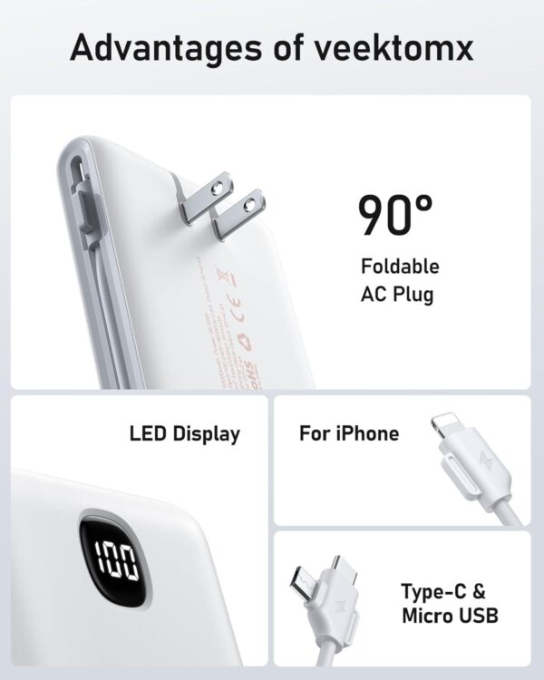 VEEKTOMX Portable Charger with Built in Cables 10000mAh, Power Bank for iPhone with Wall Plug, Travel Essential Fast Charging USB C Slim External Battery Pack for iPhone16/15/14, Samsung, iPad, etc - Image 8