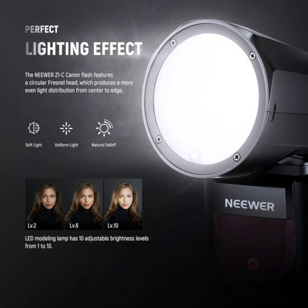 NEEWER Z1-C TTL Round Head Flash Speedlite for Canon DSLR Cameras, 76Ws 2.4G 1/8000s HSS Speedlight, 10 Levels LED Modeling Lamp, 2600mAh Lithium Battery, 480 Full Power Shots, Recycle in 1.5s Flash - Image 3