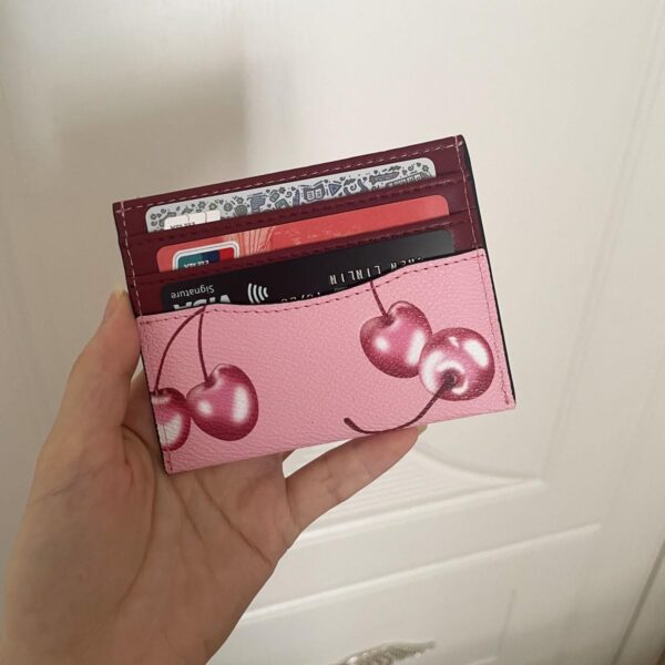 Slim Card Case for Women Leather Credit Card Holder With Cherry Print (Red) - Image 3