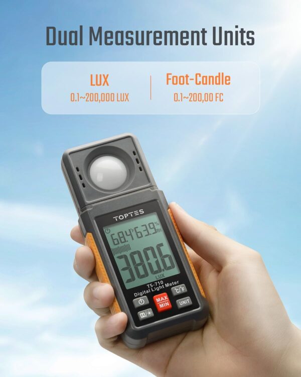 TS-710 Light Meter, Lux/Foot Candles Meter with 180º Rotating Sensor, 0.1~200,000 Lux Range, Large Backlit Display, Light Meter for Plants, Car Headlights, Home & Office LEDs (Includes Battery) - Image 4