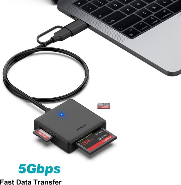 Memory Card Reader, BENFEI 4in1 USB 3.0 and USB-C to SD Micro SD MS CF Card Reader Adapter, 4 Cards Simultaneously Read and Write, Compatible with iPhone 15 Series, MacBook Pro/Air 2023, and More - Image 5