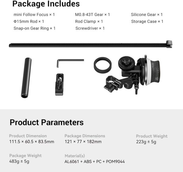 SMALLRIG Mini Follow Focus with 15 mm Rod & Rod Clamp & Gear Ring Belt and M0.8-43T Gear - 4956 - Image 5
