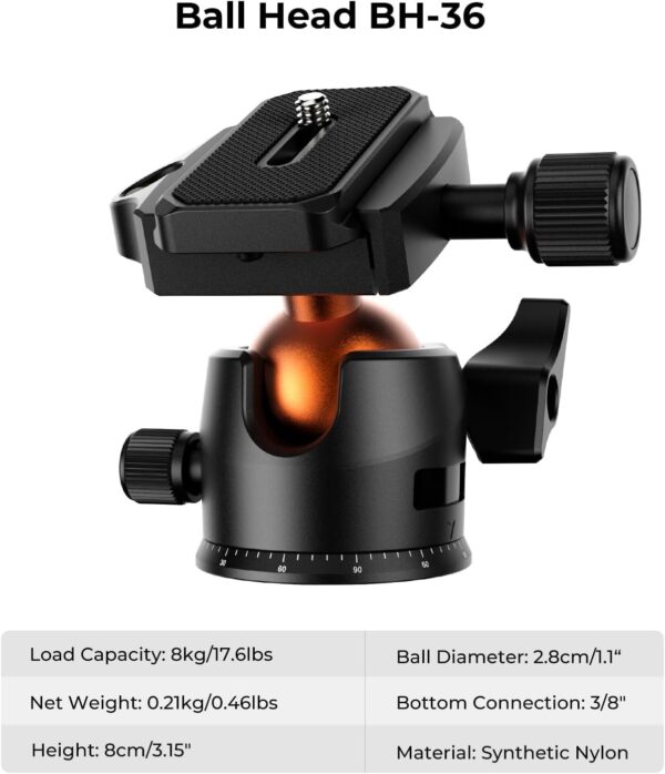 K&F Concept 64 inch/163cm Camera Tripod,Lightweight Travel Outdoor DSLR Tripods with 360 Degree Ball Head Load Capacity 8kg/17.6lbs,Cellphone Clip for Smartphone Live Streaming Vlog O234A1+BH-36 - Image 5