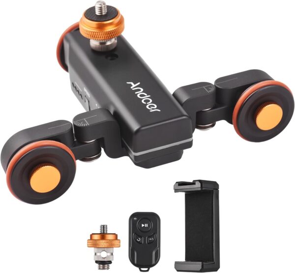 Andoer Camera Dolly with Phone Holder, Scale Indication, 3 Speeds Motorized Dolly Car with Remote Control - Compatible with iPhone, DSLR, Camcorder, Gopro, Insta, Android Smartphone - Image 7