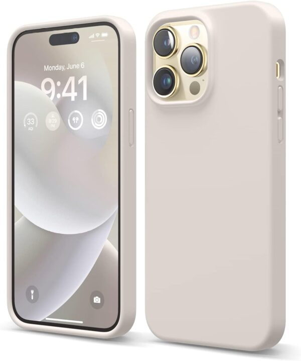 "Stone-Colored Serenity: Ultimate Liquid Silicone Case for iPhone 14 Pro Max – Shockproof, Slim & Protective!"