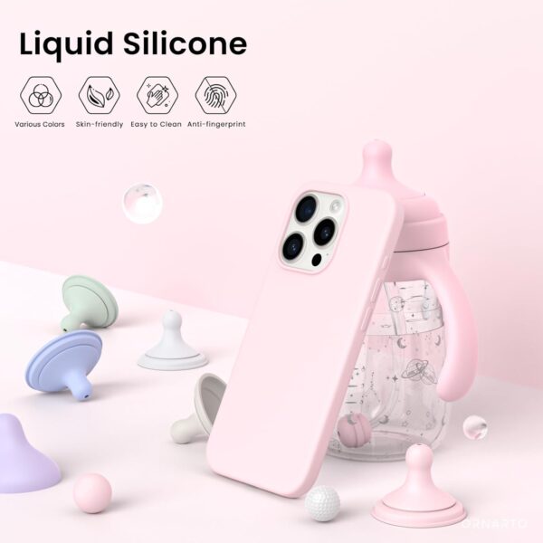 ORNARTO Compatible with iPhone 15 Pro Case 6.1", Liquid Silicone 3 Layers Full Covered Soft Gel Rubber Cover, Shockproof Protective Slim Phone Case with Anti-Scratch Microfiber Lining-Chalk Pink - Image 3