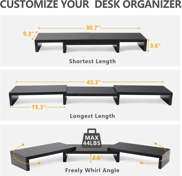 TAVR Dual Monitor Stand Riser Office Desktop Organizer Stand for 2 Monitors, Adjustable Length and Angle 3 Shelf, Extra Long Multifunctional Stand up to 43.3" fit Computer, Laptop, TV, Black - Image 3