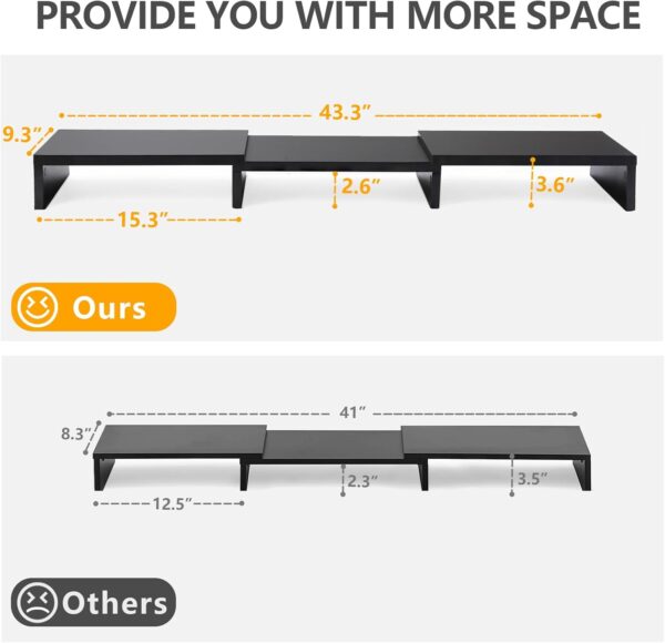 TAVR Dual Monitor Stand Riser Office Desktop Organizer Stand for 2 Monitors, Adjustable Length and Angle 3 Shelf, Extra Long Multifunctional Stand up to 43.3" fit Computer, Laptop, TV, Black - Image 8