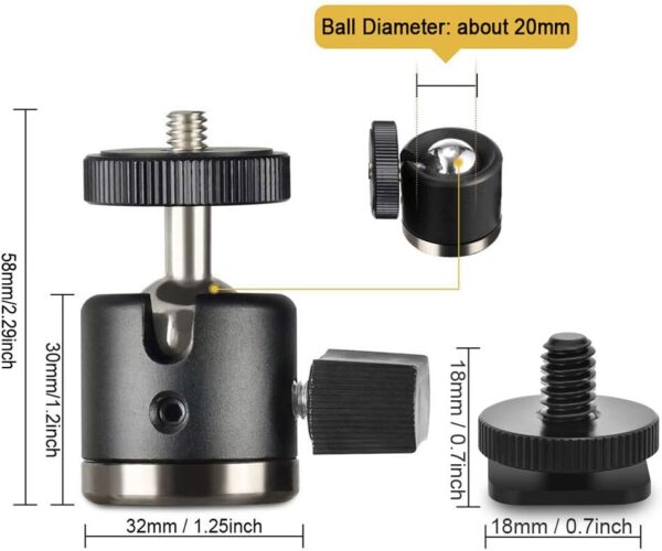 UTEBIT Mini Ball Head, Tripod Head with 1/4" hot Shoe, 360° Rotatable Ball Heads Camera Mount Adapter, Aluminium 20mm Ballhead Compatible with Tripods, Monopods, HTC Vive, SLR Cameras Loading 2.5lb - Image 4