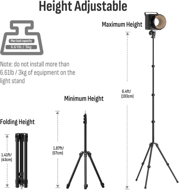 6.4ft Photography Light Stand, Lusweimi Extendable Aluminum Light Tripod, Portable Studio Lighting Tripod with 1/4'' Screw and Folding Legs for Strobe Light, Monolight, Softbox, Cameras, Flash Light - Image 2