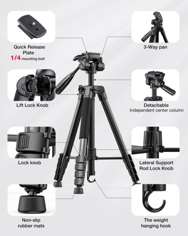 "Versatile 73" Aluminum Tripod & Monopod Combo: The Ultimate Support for Your Mirrorless, DSLR, GoPro, and Phone Adventures!" - Image 6
