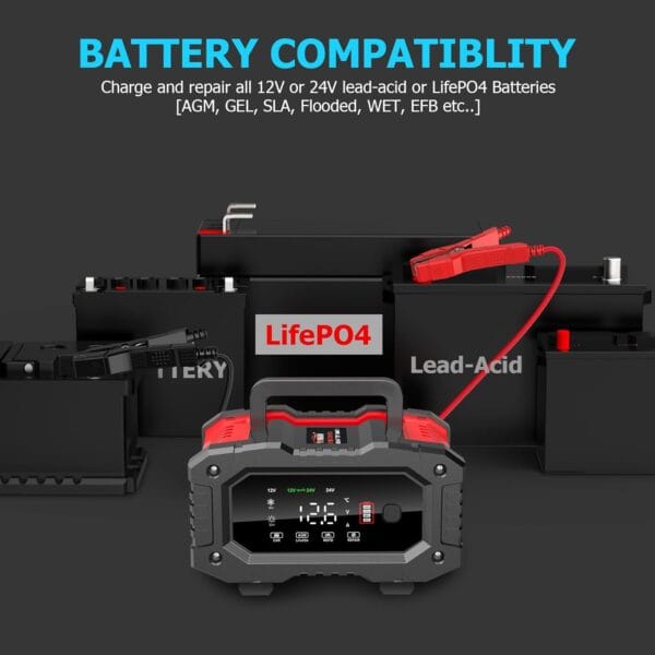 YONHAN Battery Charger 0-20A 12V/24V LiFePO4 Lead Acid Fully Automatic Battery Maintainer, Car Battery Trickle Charger Automotive w/Battery Repair, Winter Mode, for AGM, STD, Gel, Deep Cycle Batteries - Image 2