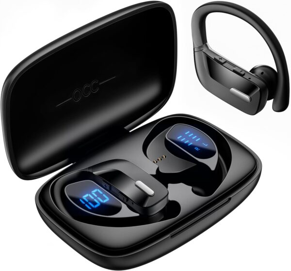 Wireless Earbuds with Earhooks 80Hrs Bluetooth Headphones Over-Ear ENC Noise Canceling Mic Earphones IP7 Waterproof Headset for Sports,Fitness,Workouts and Running Black