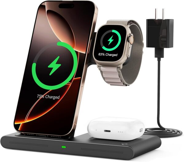 RYND 2025 Wireless Charger for iPhone Charging Station,3 in 1 Fast Max Charging for iPhone 16 15 14 13 12 Pro Max Plus,Charger Stand for Apple Watch Series & Air pods 4 3 2 Pro,Android Samsung Series