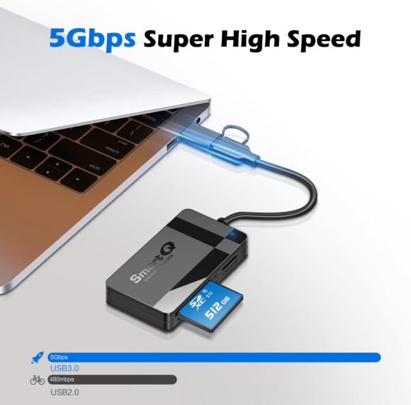 SD Card Reader, Memory Card Reader 4 in 1 USB C USB 3.0 Dual Connector Adapter Simultaneously Read SD MS CF TF Cards Supports Micro SD/Micro. Compatible with desktops, Tablets, and USB-C Smartphones - Image 2