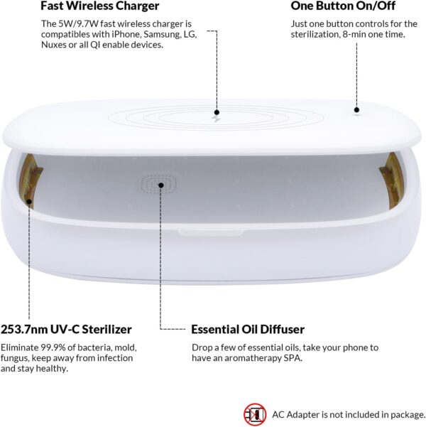 Cell Phone Sanitizer Universal Cell Phone Charger Box | 360-Degree UV-C Light Sanitizer | Disinfects and Charges All Phones with a 9.7W Fast Wireless Charger | Aromatherapy - Image 2