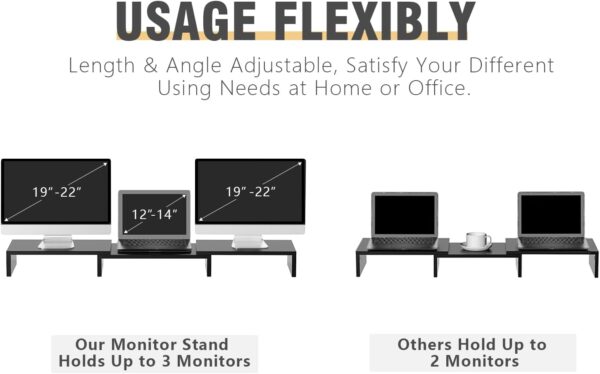 TAVR Dual Monitor Stand Riser Office Desktop Organizer Stand for 2 Monitors, Adjustable Length and Angle 3 Shelf, Extra Long Multifunctional Stand up to 43.3" fit Computer, Laptop, TV, Black - Image 4