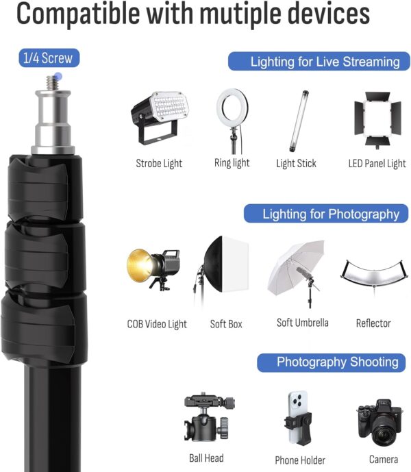 6.4ft Photography Light Stand, Lusweimi Extendable Aluminum Light Tripod, Portable Studio Lighting Tripod with 1/4'' Screw and Folding Legs for Strobe Light, Monolight, Softbox, Cameras, Flash Light - Image 3