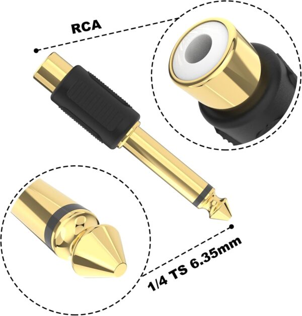 VCE RCA to 1/4" Audio Adapter, 6.35mm Mono Plug Male to RCA Female Connectors 6-Pack - Image 6
