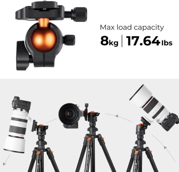 K&F Concept 64 inch/163cm Camera Tripod,Lightweight Travel Outdoor DSLR Tripods with 360 Degree Ball Head Load Capacity 8kg/17.6lbs,Cellphone Clip for Smartphone Live Streaming Vlog O234A1+BH-36 - Image 4