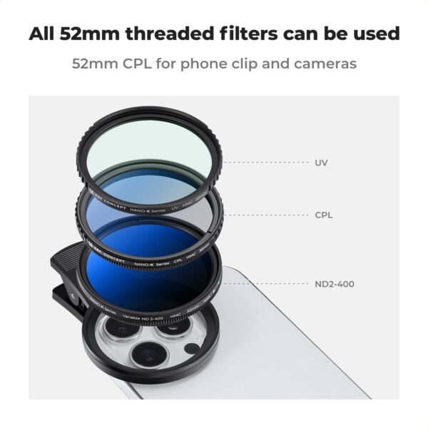 K&F Concept 52mm Clip-on CPL Phone Camera Lens Filter Kit, Circular Polarizer Polarizing Filter Compatible with iPhone 15 14 13 12 11 - Image 7