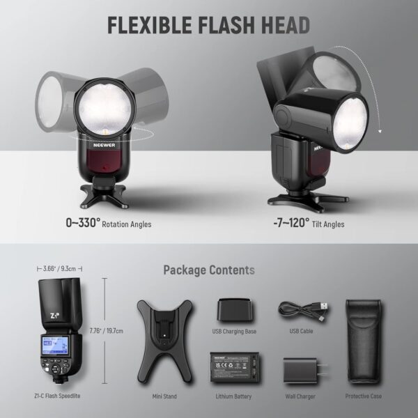 NEEWER Z1-C TTL Round Head Flash Speedlite for Canon DSLR Cameras, 76Ws 2.4G 1/8000s HSS Speedlight, 10 Levels LED Modeling Lamp, 2600mAh Lithium Battery, 480 Full Power Shots, Recycle in 1.5s Flash - Image 9