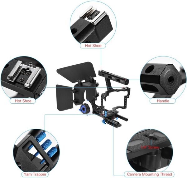Andoer Camera Cage Kit C500 Aluminum Alloy Camera Camcorder Video Cage Rig Kit Film Making System with 15mm Rod Matte Box Follow Focus Handle Grip for Panasonic GH4 for Sony A7S/A7/A7R/A7RII/A7SII - Image 4