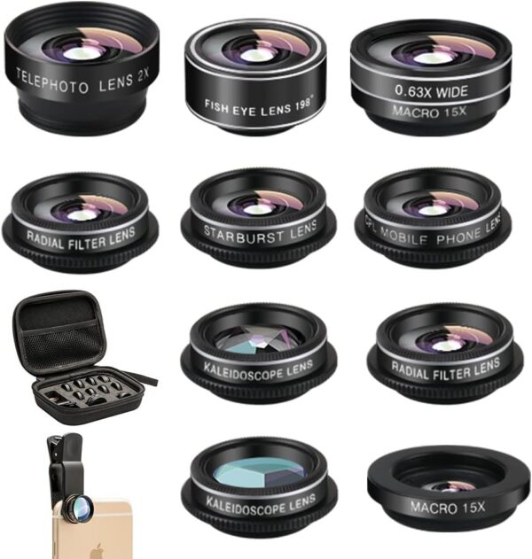 Phone Camera Lens (11 Lenses) Phone Lens Kit, Clip on Fisheye/Macro/Wide Angle Lens Attachment with Travel Case for iPhone 14 13 12 11 Xs X Pro Max Samsung Android Smartphone