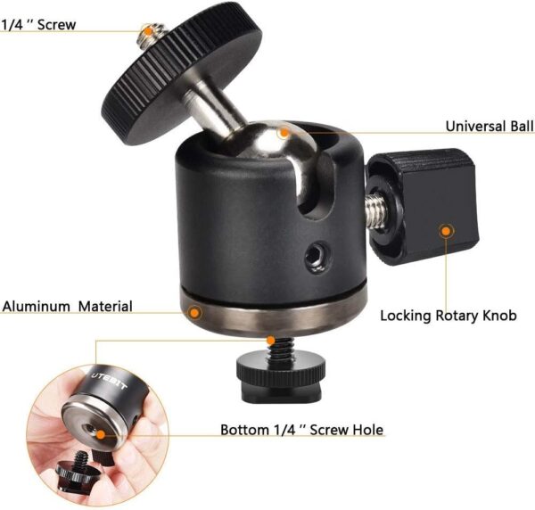 UTEBIT Mini Ball Head, Tripod Head with 1/4" hot Shoe, 360° Rotatable Ball Heads Camera Mount Adapter, Aluminium 20mm Ballhead Compatible with Tripods, Monopods, HTC Vive, SLR Cameras Loading 2.5lb - Image 3