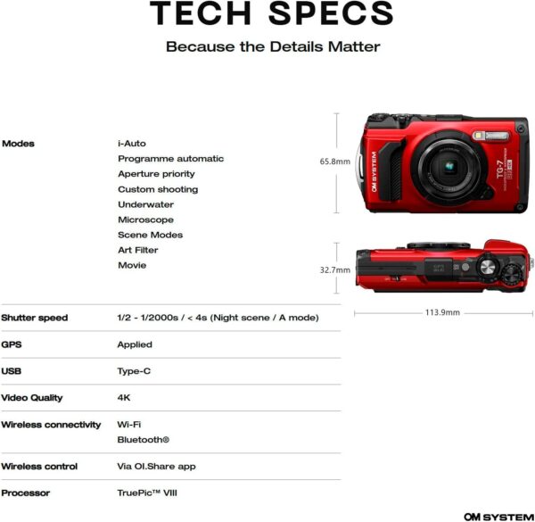 OM System Tough TG-7 Red Underwater Camera, Waterproof, Freeze Proof, High Resolution Bright, 4K Video 44x Macro Shooting (Successor Olympus TG-6) - Image 5